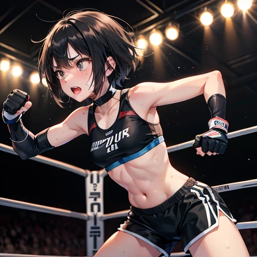 Cute slender high school girl, mixed martial arts match in the ring, impatient, desperate look, punching, sweaty, open mouth, out of breath, thin muscles, short dark hair, small breasts, sports bra, high leg shorts, open finger gloves