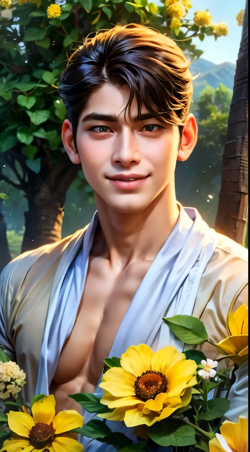 realistic, nonsense, hired, very detailed, Masterpiece, best quality, 1 handsome man shaved head, perfect eyes, perfect face, Perfect expression, dimple, smile brightly, perfect teeth, warm and happy, Wear a brown Thai Buddhist monk cloth., Long yellow flowers dangling., The flower tree is on the mountain., standing in the middle, half-body, Facing the camera, front view, The warm summer sun is shining., Ton Koon was balanced behind him., Department of Fisheries, Bokeh