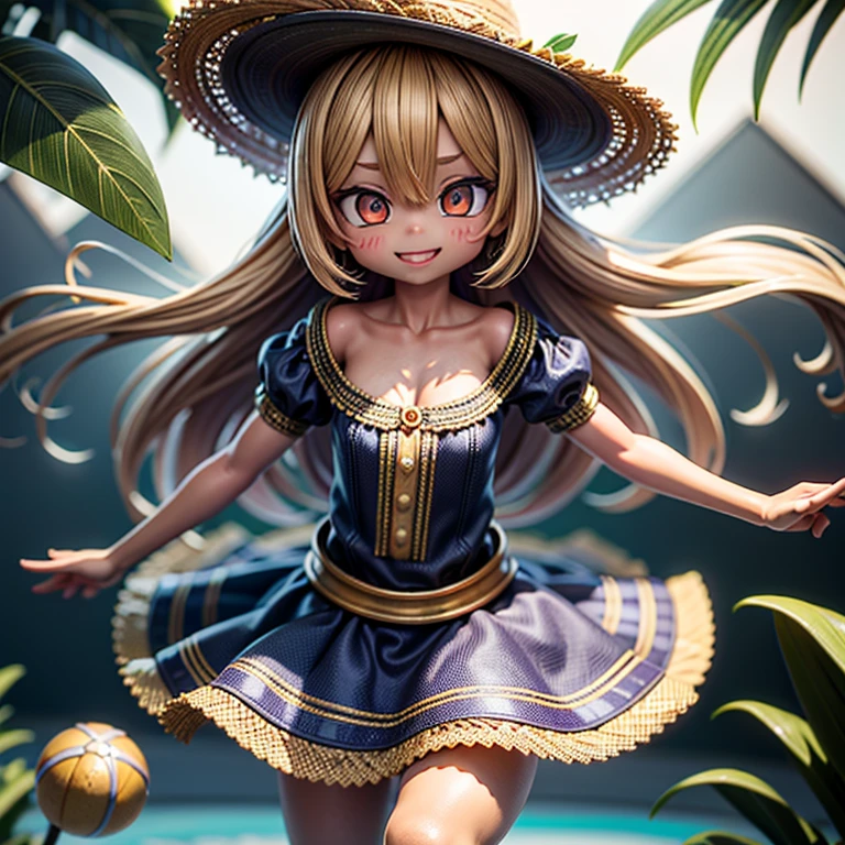 quality\(8k,wallpaper of extremely detailed CG unit, ​masterpiece,hight resolution,top-quality,top-quality real texture skin,hyper realisitic,increase the resolution,RAW photos,best qualtiy,highly detailed,the wallpaper,cinematic lighting,ray trace,golden ratio\), BREAK ,brazilian carnival,1woman\(big smile,hair floating,small kid,hair color dark blonde,long waved hair,eye color dark,big eyes,dark skin,caipira dress,straw hat,colorful,cowboy shot,dancing samba hard,sweat,breast\),at rio de janeiro\(Brazil\),strong sunshine,[nsfw:2.0],