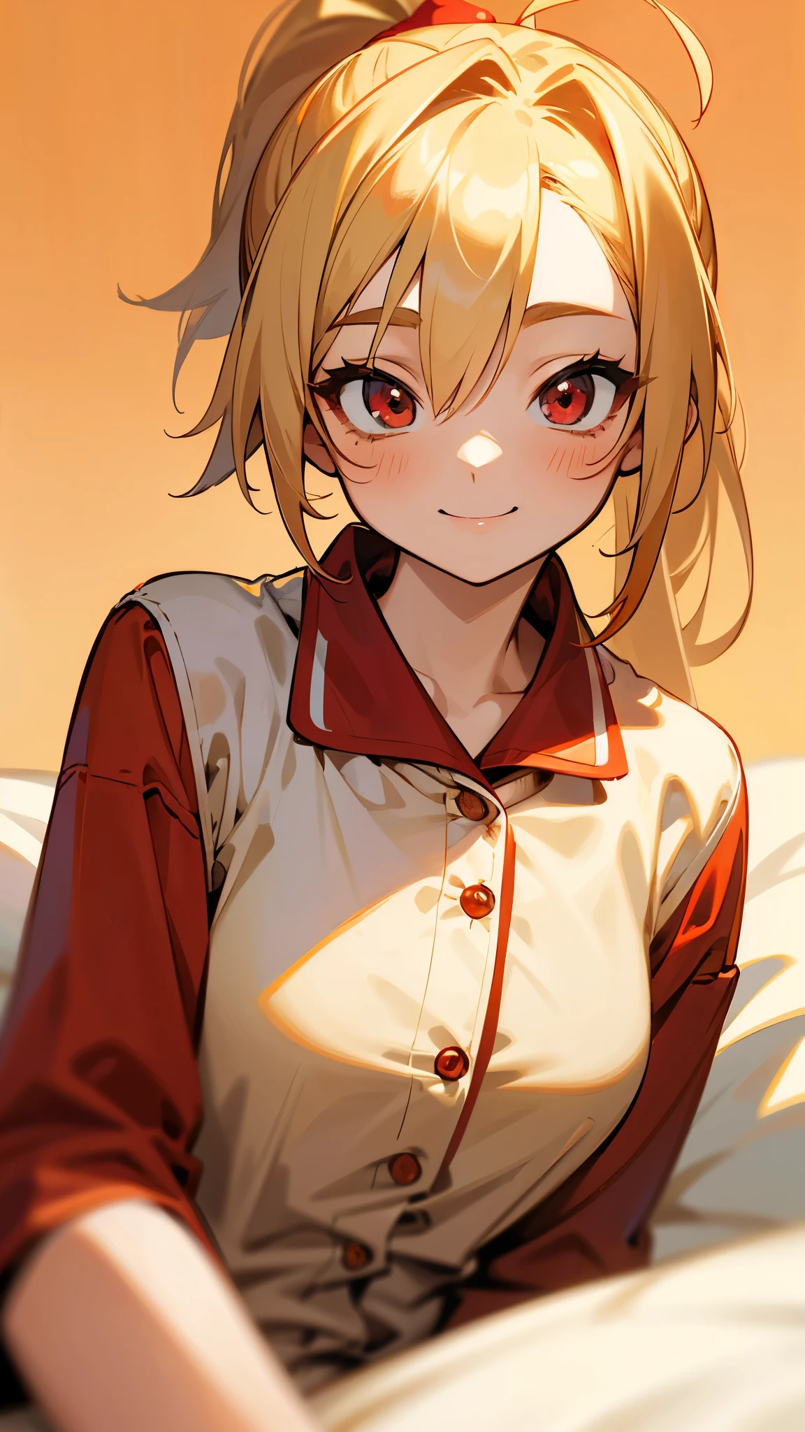 1 girl sitting on bed、solo、Anime-style paintings、Wearing pajamas、Blonde ponytail、Ahoge、Beautiful red eyes、smile、smile、The soft texture of pajamas、Upper body close-up、Red and yellow based colors、Background blur、The depth of the drawn boundaries