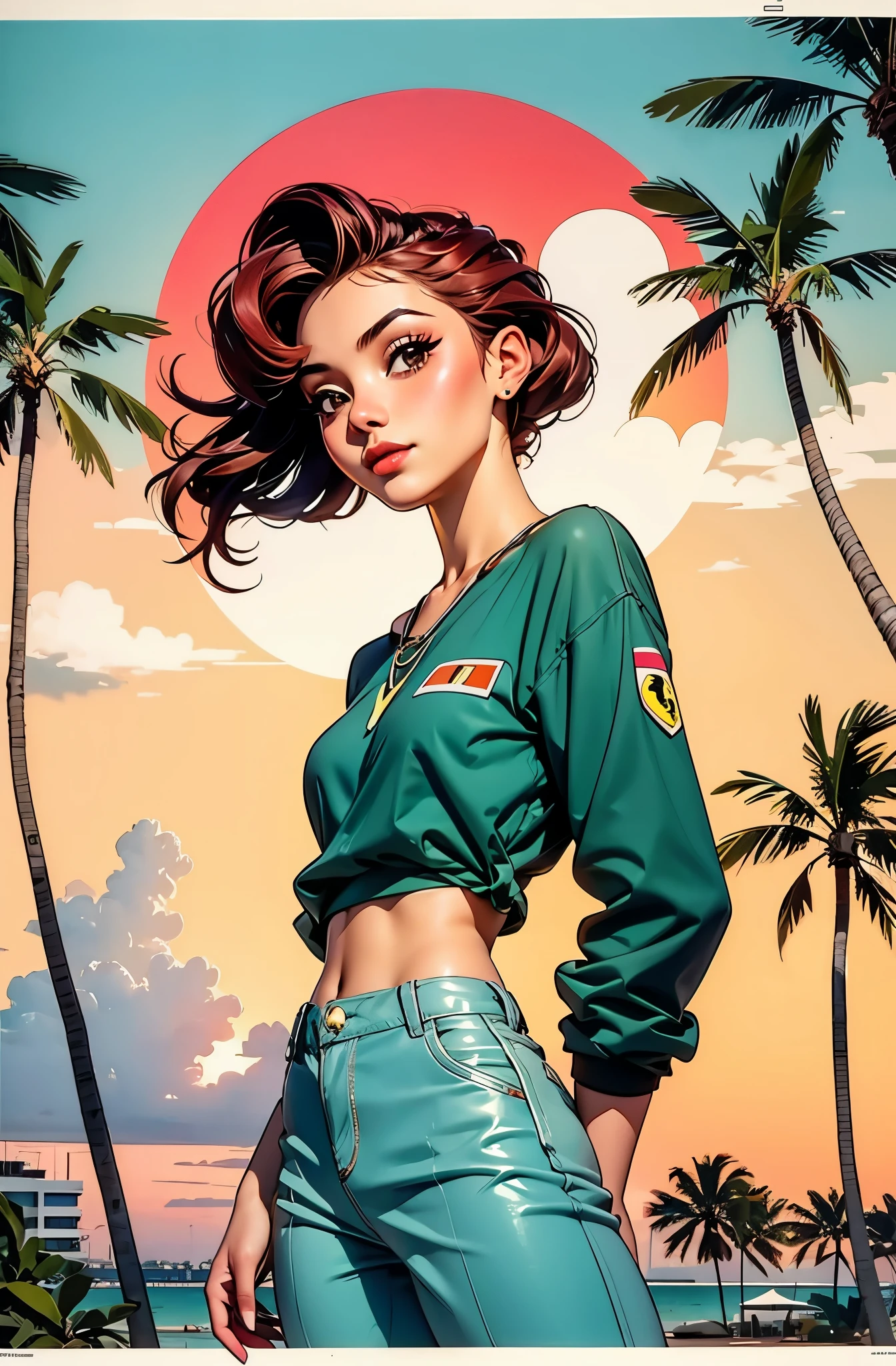 retro girl, Miami, sunset, Ferrari, palm tree, 90's,