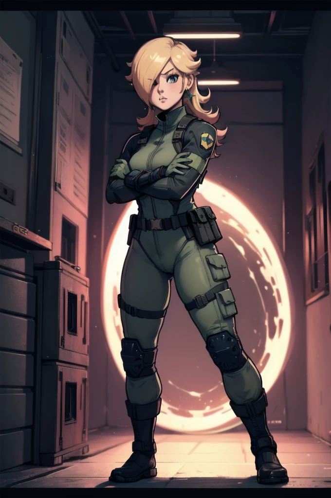 rosalina reimagined as a female solide snake frome metal gear solid, full body, action pose, on infiltration scene, tactical gear, military base background, radio tower background, science fiction background, futuristque background ,