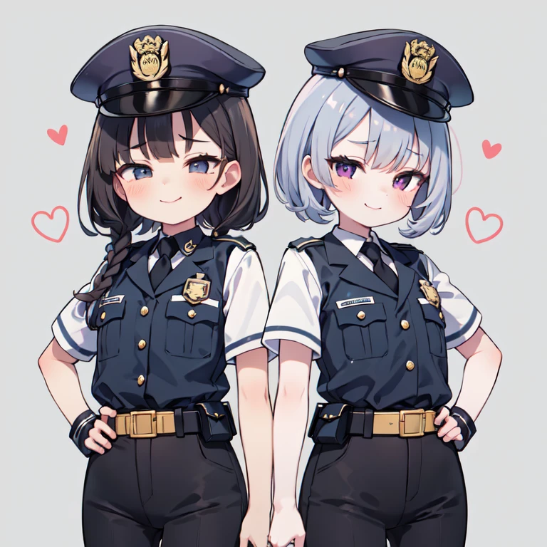 (最high quality:1.2),(Tabletop:1.2),  Multiple Girls,high quality、High resolution、high quality、Two Girls。Female police officer。Female police officer。。mesugaki,policeman's cap。(lily:0.7),Gray background, Same uniform,