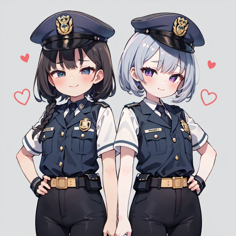 (最high quality:1.2),(Tabletop:1.2),  Multiple Girls,high quality、High resolution、high quality、Two Girls。Female police officer。Female police officer。。mesugaki,policeman's cap。(lily:0.7),Gray background, Same uniform,