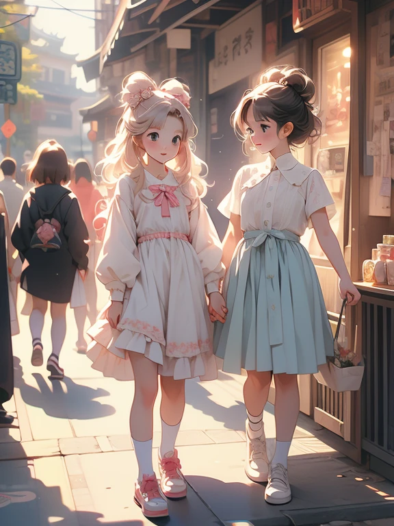 In the streets of Harajuku、A cute angel girl、The two of them get along well.、Window Shopping。、angel&#39;s Smile。、Moe anime touch、6-year-old cute angel girl、The eyelashes are long、Attractive, sparkling, large eyes。、Silver-white to light blue hair color、Super long wavy hair、A cute angel dress with plenty of ribbons, lace and frills.、A big ribbon on her head that matches her outfit、angel wings on your back、angel halo on head、A big smile。、The overall color is light blue and white.。、A texture that combines watercolor and moe anime textures、A world filled with mysterious light、cute、kid、Healing、Magic Fantasy、highest quality、Highest quality