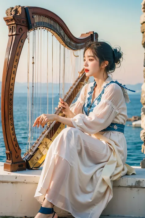 Korean woman in Greek fashion sitting in front of a harp, (Highly detailed facial expressions), The background is a sea horizon ...