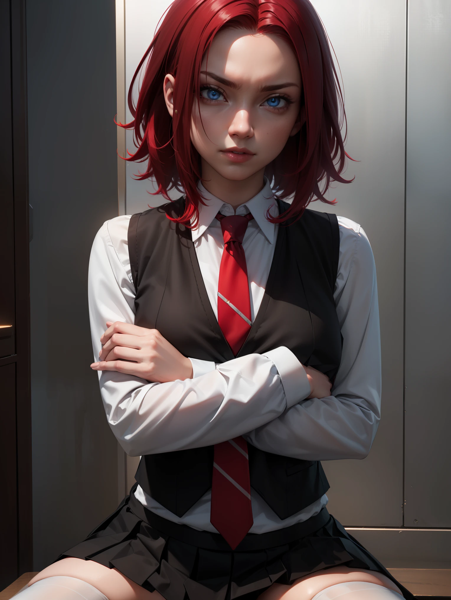 kallen stadtfeld, blue eyes, ((red hair:1.5)), short hair,
BREAK ((school uniform, red necktie, white shirt, pleated skirt, black skirt, white thighhighs, brown vest, long sleeves:1.5))
BREAK crossed arms,angry, pov,
BREAK (masterpiece:1.2), best quality, high resolution, unity 8k wallpaper, (illustration:0.8), (beautiful detailed eyes:1.6), extremely detailed face, perfect lighting, extremely detailed CG, (perfect hands, perfect anatomy),