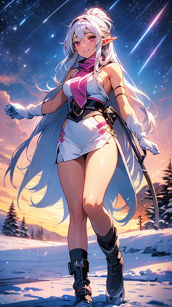 An elf woman, very dark tanned skin, beautiful silver hair, snowy mountains in winter, skiing, ski slope, clear blue sky, pink ski wear, gloves, ski goggles, pointed ears, beautiful red eyes , pink lips, staring at the viewer, a shy face, a cheerful smile, a masterpiece,