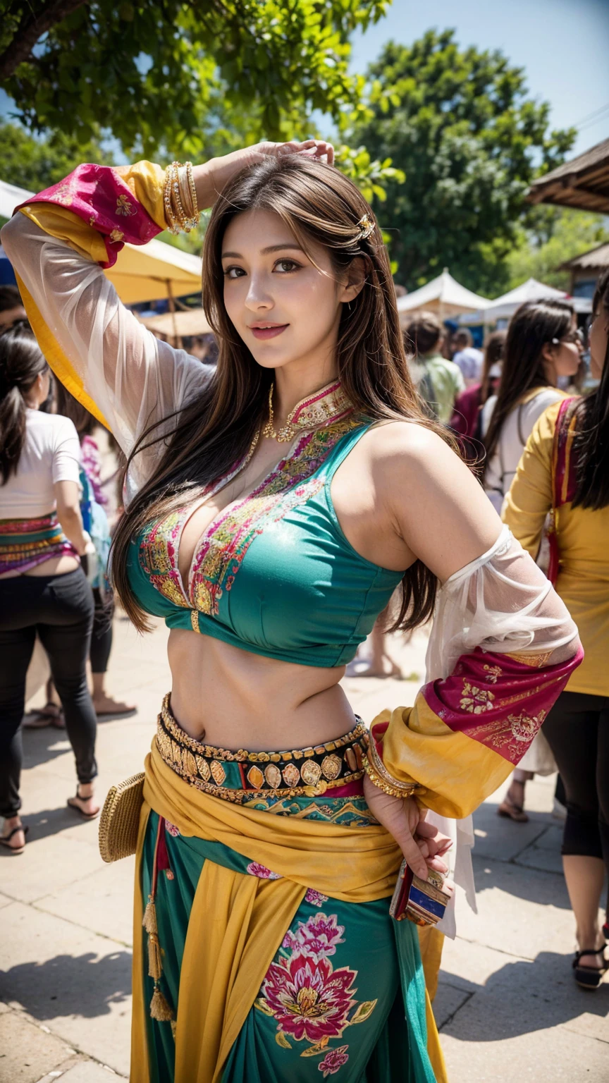 Prompt: Generate an image of Lucy Pinder adorned in a vibrant and colorful festival outfit, showcasing traditional features appropriate for a lively festival celebration. Design the outfit to feature intricate patterns, embroidery, and vibrant hues inspired by traditional festival attire from various cultures around the world. Incorporate elements such as flowing skirts or pants, embellished tops or blouses, and eye-catching accessories like scarves, belts, and jewelry. Ensure the ensemble exudes a sense of joy, energy, and cultural richness, capturing the spirit of the festival atmosphere. Showcase Lucy amidst the festivities, radiating confidence and excitement as she embraces the diverse and dynamic traditions represented in her attire.