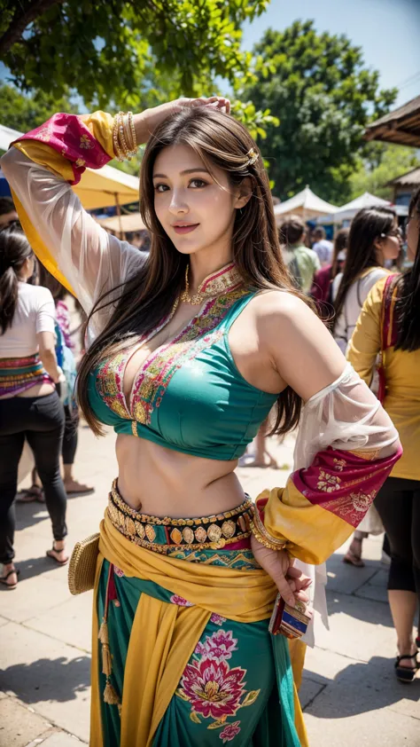 Prompt: Generate an image of Lucy Pinder adorned in a vibrant and colorful festival outfit, showcasing traditional features appr...