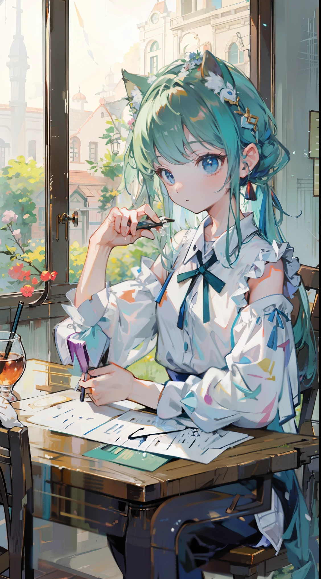 (Tabletop, highest quality: 1.1), Ghibli style, alone, , Weibo, Tinker&#39;s Wife (Tabletop), highest quality, Expressive eyes, Perfect Face, Small breasts, thin, ((Wearing a dress and playing the piano)),transparentガラスボトル本体, Glass Girl, transparent, Wavy green hair, Pink and blue eyes, Green leaves of hair, Eyes like shining jewels, Long eyelashes, transparent性, ((Wearing a dress and playing the piano)), (Red Jewel Autumn Costume)), whole body, Standing Pose Reaching Out, thin脚, Perfect hands, Five Fingers, Yun News (Hmph), no_human, (((Cat ear))), Forest land