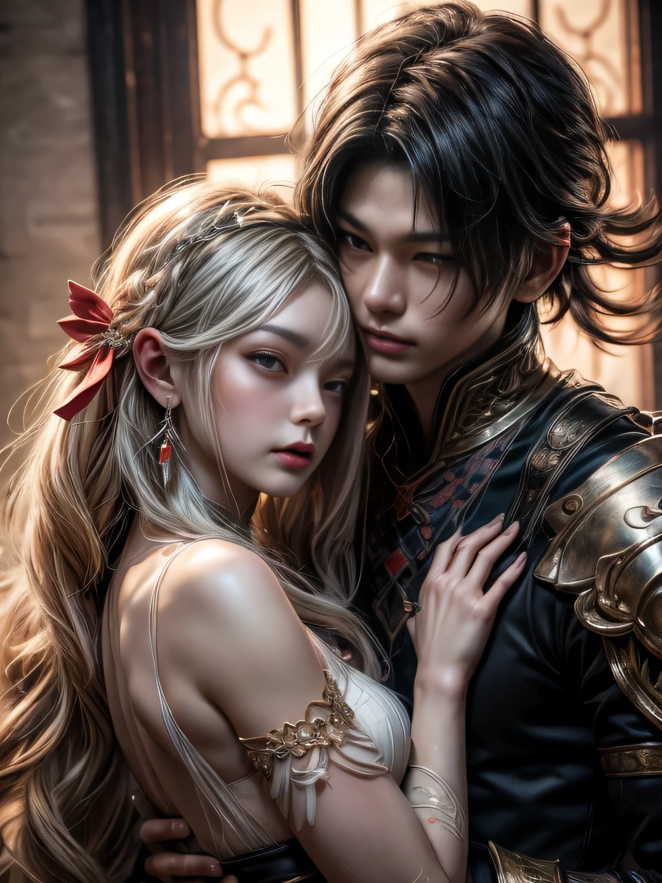 arafed image of a couple of asian man and woman hugging each other in Peach Garden, Peach Garden detailed background, xianxia fantasy, jingna zhang, game cg, wuxia, inspired by Chen Yifei, xianxia, xianxia hero, 2. 5 d cgi anime fantasy artwork, heise jinyao, chinese fantasy, beautiful render of tang dynasty, heise-lian yan fang, (perfect full face:1.5), (high detail:1.1), detailed character, detailed eyes, detailed hands, 4k best quality, 8k character details, high quality anime art, high quality illustration, detailed anime wallpapers, detailed anime art, hyper-realistic, elegant, high quality realistic anime art