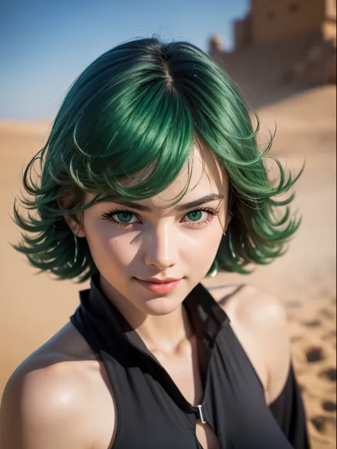 (masterpiece, best quality:1.4), (full body), 1girl, solo, outside, on a desert with sand and dust, tatsumaki, (pelvic curtain:1...