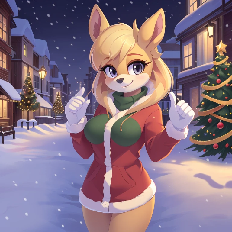 ((masterpiece, very detailed, fine details, detailed background, HD, intricate details, highlights, detailed shadows), snowing, winter, mobian, 1girl, deer, medium blonde hair, grey eyes, attractive, gorgeous body, medium breast, warm winter clothes, city, smile, cute, Christmas, white gloves