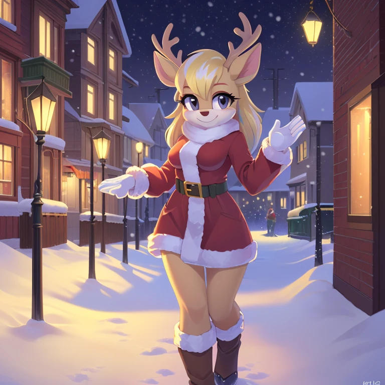 ((masterpiece, very detailed, fine details, detailed background, HD, intricate details, highlights, detailed shadows), snowing, winter, mobian, 1girl, deer, medium blonde hair, grey eyes, attractive, gorgeous body, medium breast, warm winter clothes, city, smile, cute, Christmas, white gloves