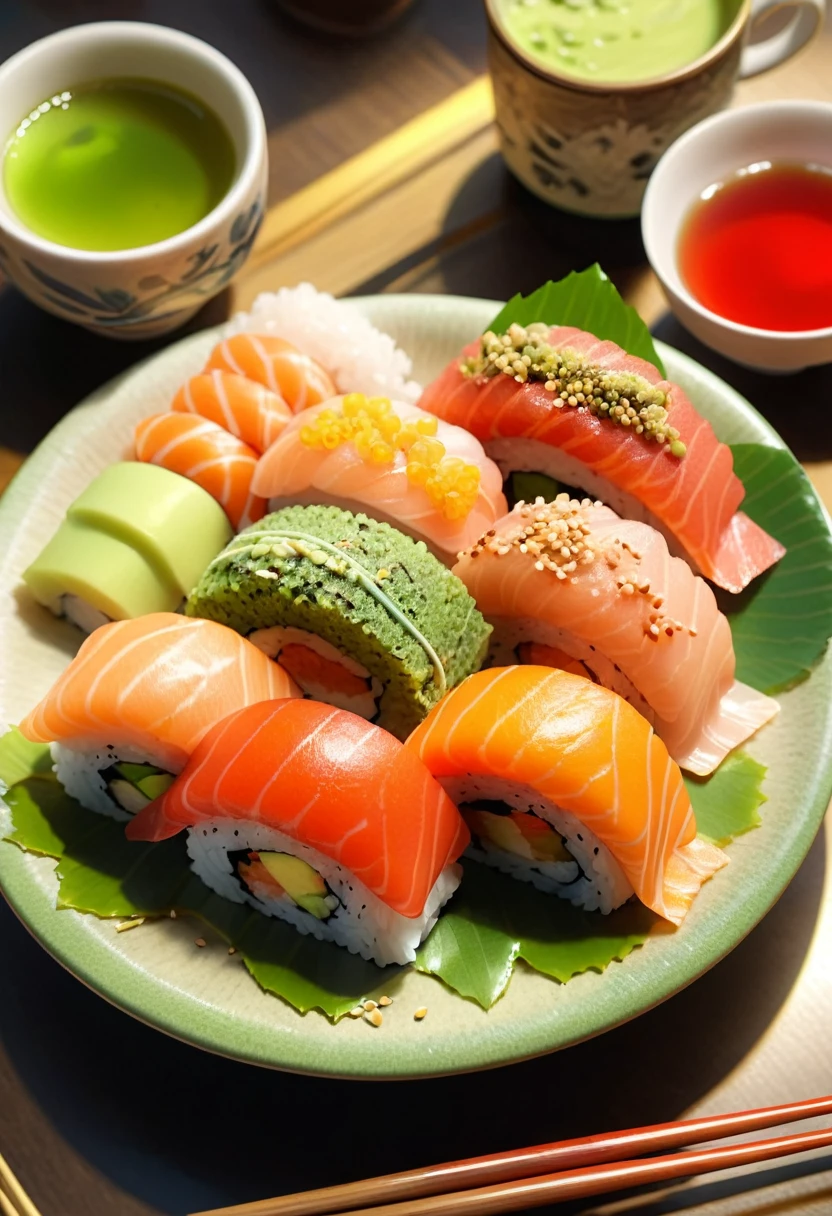 quality\(8k,wallpaper of extremely detailed CG unit, ​masterpiece,hight resolution,top-quality,top-quality real texture skin,hyper realisitic,increase the resolution,RAW photos,best qualtiy,highly detailed,the wallpaper,cinematic lighting,ray trace,golden ratio\), BREAK ,brazilian carnival,a very beautiful single sushi on a beautiful japanese dish,soy sauce dish,chop sticks,green tea with a japanese tea cup,wasabi,background\(japanese sushi bar\),(close up sushi)