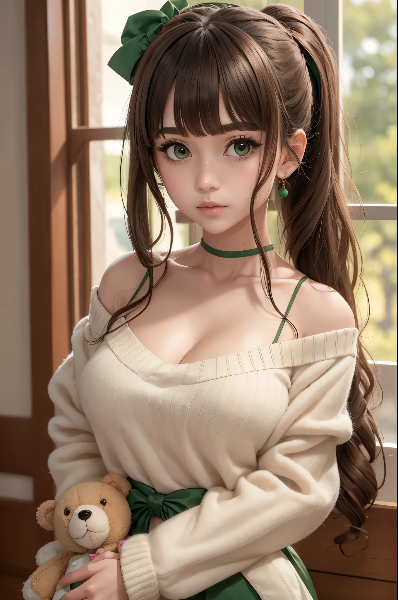  one girl, solo, long hair, up ponytail, blunt bangs, green eyes, blush, large breasts, cleavage, narrow waist, bow, hair bow, hairclip, x hair ornament, sweater, long sleeves, bare shoulders, off shoulder, sleeves past wrists, holding stuffed toy, looking at viewer, object hug, stuffed toy, stuffed animal, teddy bear, upper body