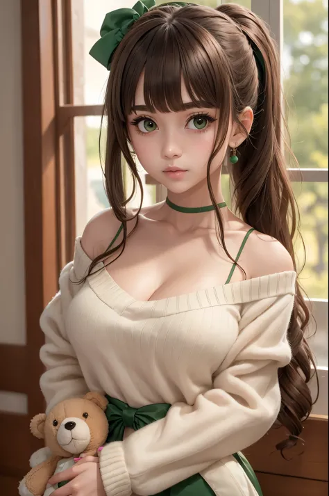  one girl, solo, long hair, up ponytail, blunt bangs, green eyes, blush, large breasts, cleavage, narrow waist, bow, hair bow, h...