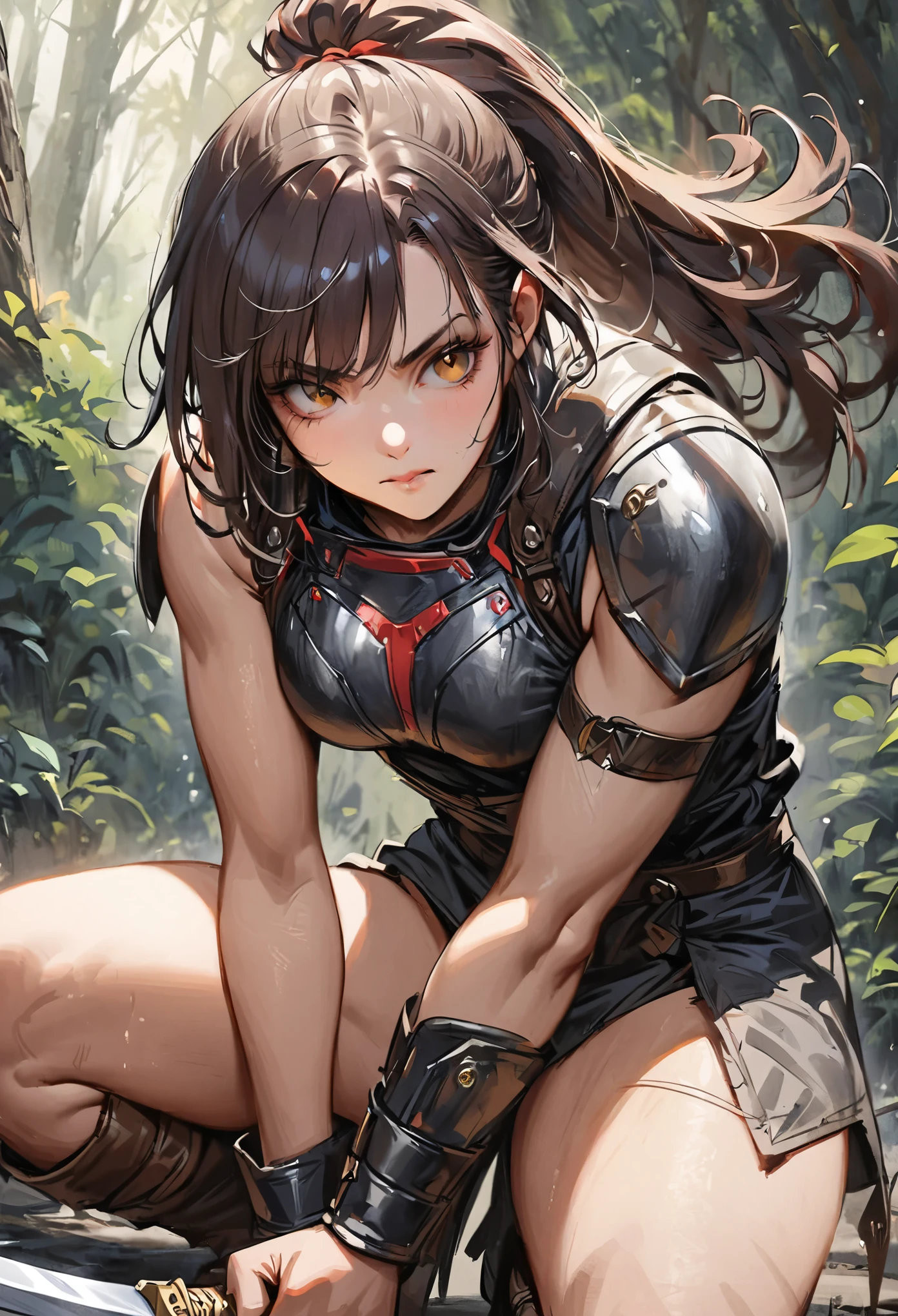 (best quality,4k,highres,masterpiece:1.2),ultra-detailed,realistic,elegant,warrior girl,sharp focus,long dark hair,strong confident eyes,golden brown ponytail,detailed face features,crouching position,outstretched arms,worn-out sword on back,ancient weapon,fierce expression,battle-ready,protector,armor-like clothing,leather boots,forested background,dappled sunlight,subtle shadows,powerful stance,dusty atmosphere,dramatic lighting,earthy tones,impressive muscles,endless determination,heroic aura,splashes of red accents,epic battle scenery,adventurous spirit