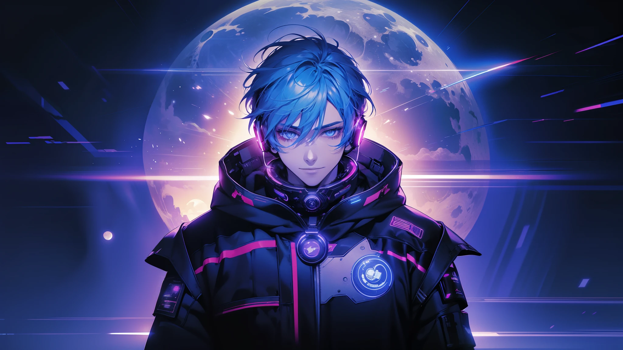 1boy, (extremely beautiful), solo, male focus, cyberpunk, neon lights, vibrant colors, headphones, Cyberpunk, neon, masterpiece, best quality, ultra-detailed, cyberpunk background, detail, in the starry night, moon, explosive and clear eyes, glowing eyes, beautiful details in the wind, little smile. thinking and watching the moon.