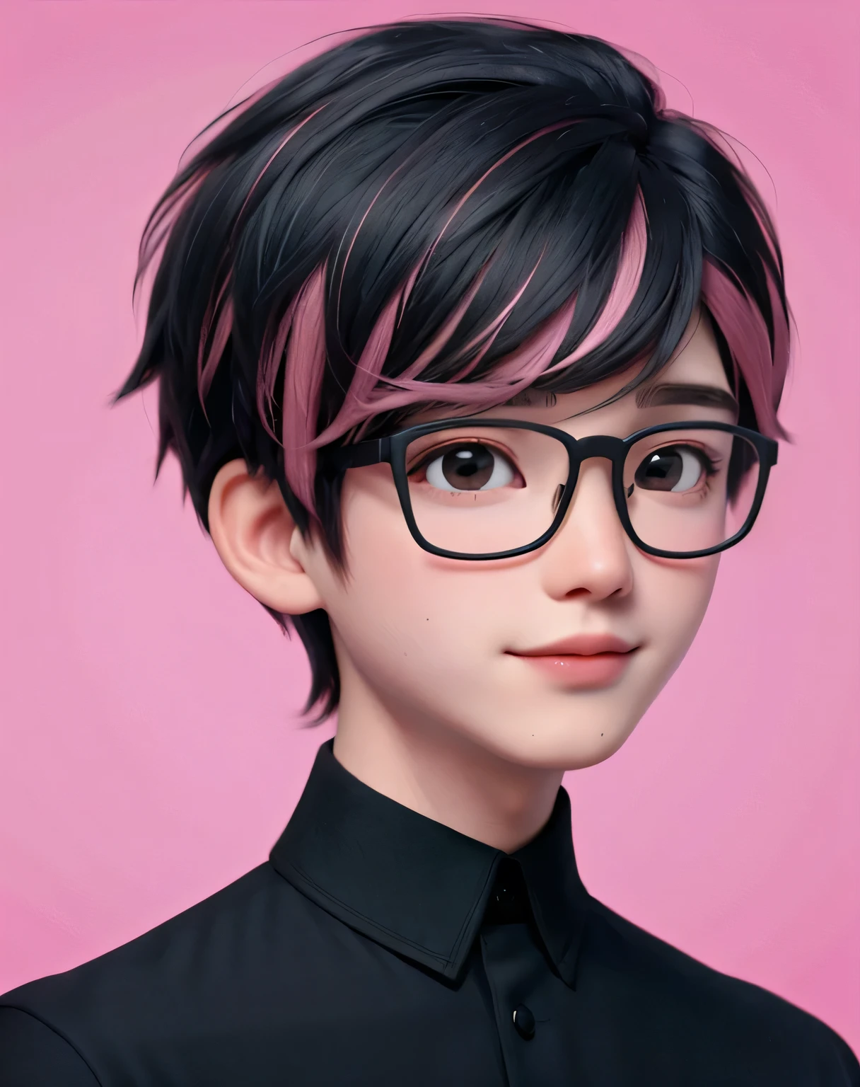 Meilleure qualité, 1garçon, seulement, portrait de dessin animé , fond simple, Cheveux courts, Lèvres roses, cheveux noirs, chemise noire, lunettes noires