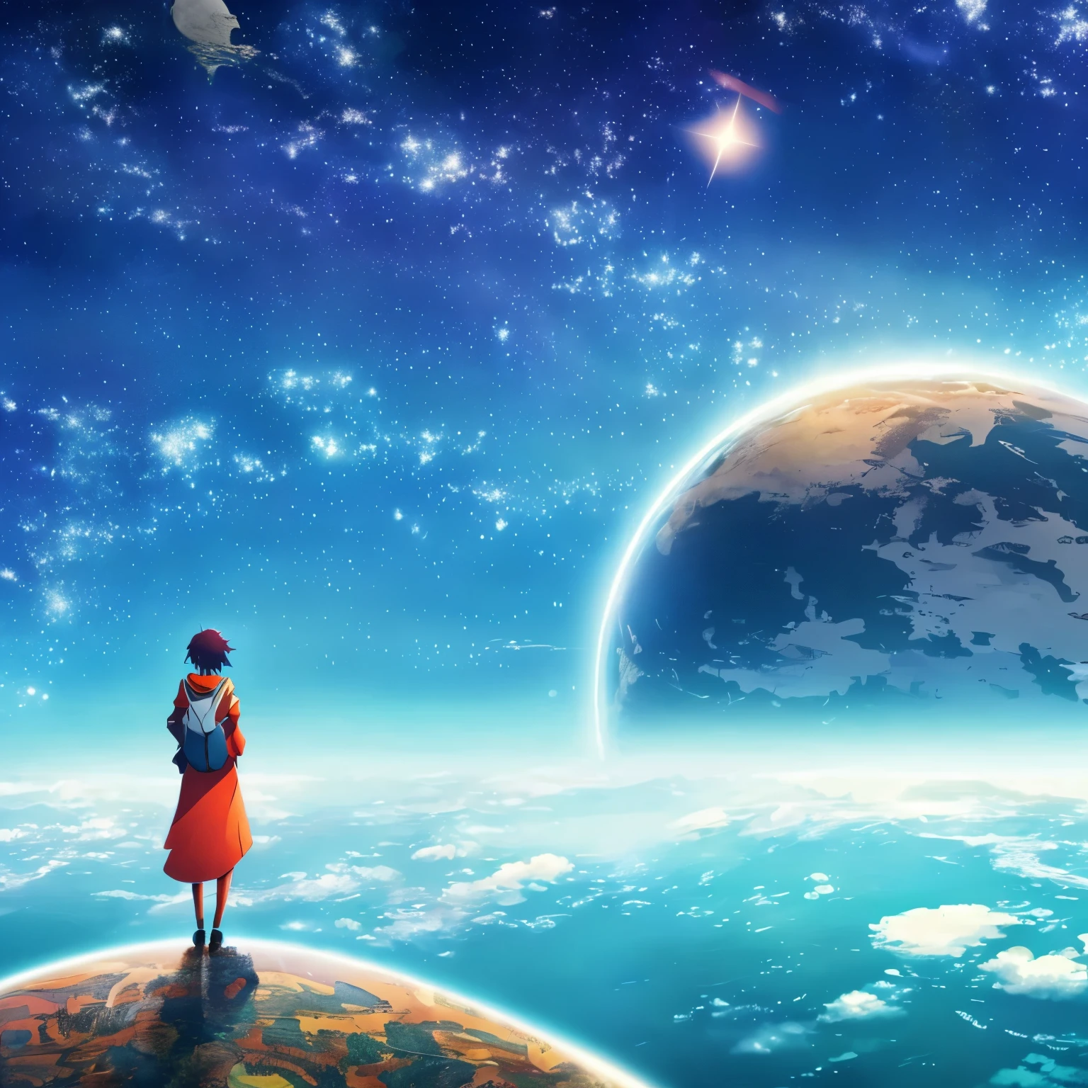 (masterpiece) (artistic peak),(Anime),1 girl, outer space, earth and distant planets, space anime, girl floating in space, beautiful view of the earth, Panorama