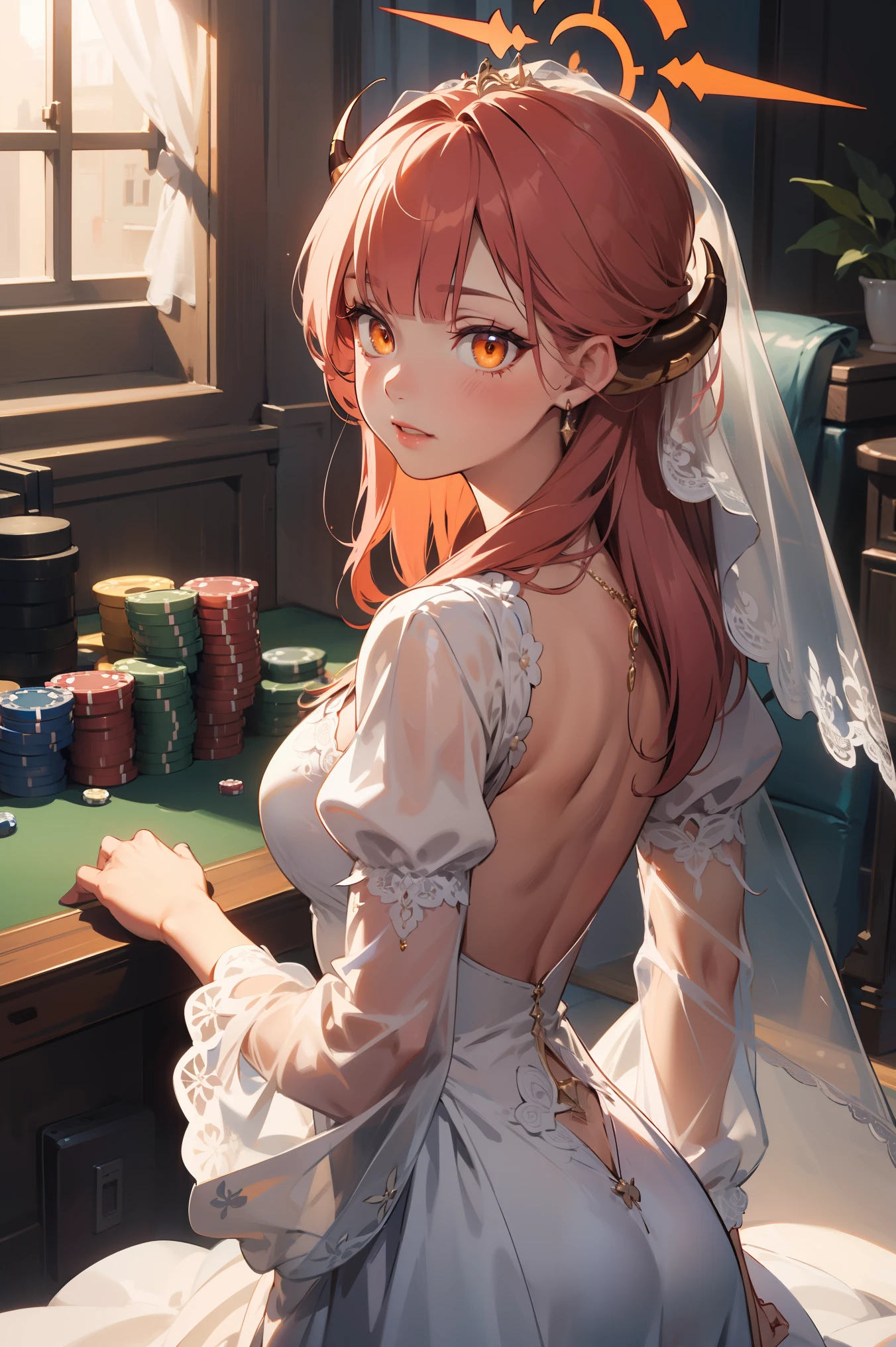 aru, halo, horns, long hair, (orange eyes:1.5), pink hair, bangs, blunt bangs,
BREAK (Sheer white wedding dress,Veil ,Lace Sleeves,Big Long Tail:1.2)
BREAK casino, 
BREAK from back view、Look back with a sideways glance,
BREAK (masterpiece:1.2), best quality, high resolution, unity 8k wallpaper, (illustration:0.8), (beautiful detailed eyes:1.6), extremely detailed face, perfect lighting, extremely detailed CG, (perfect hands, perfect anatomy),