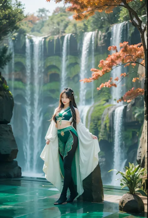 photography of a lady standing before a massive jade screen adorned with a landscape carving, showcasing intricate details of mo...