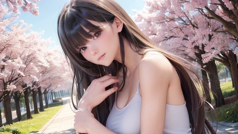 ((100% human realistic, 3d human realistic, best quality, masterpiece, full capturing picture, detailed)), A handsome man with a wolfcut hairstyle and perfectly sculpted features stands amidst pretty Japanese womenwith long, wavy white-dyed hair, surrounded by beautiful blooming sakura trees. In this full body, Ultra-HD, best quality masterpiece, every detail is captivatingly realistic. His chiseled jawline, deep-set eyes, and symmetrically designed facial structure radiate an air of handsomeness. She, with a warm smile, hugs him tightly while wearing a simple white tank top and short, faded blue jeans. Her long waves cascade