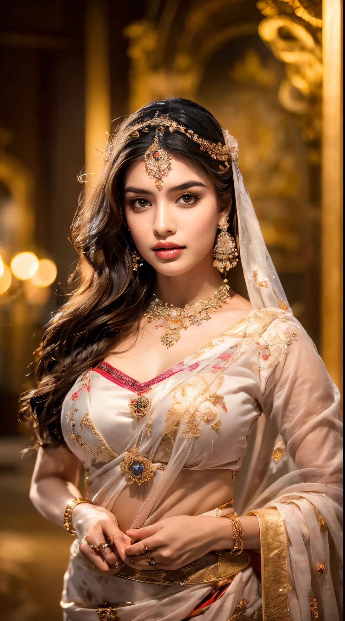 ((Best quality, 8k, Masterpiece :1.3)), Sharp focus :1.2, Generate a realistic image of a beautiful sexy Indian woman dressed in a white Kasava saree, adorned with traditional ornaments, standing in a well-lit room with cinematic lighting. ((Front view, random elegant pose)), and there is a sense of grace and elegance in her posture. The background should complement the scene, enhancing the overall aesthetic appeal of the image. Photography by Brandon Woelfel, Full shot: Canon EF 16-35mm f/2.8L III USM lens on a Canon EOS 5D Mark IV camera, ultra realistic, 32k, HD