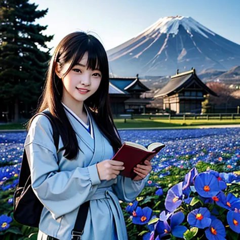 best quality, masterpiece,
outdoors, 

a high school girl with a book and a schoolbag,
wearing a long-sleeved japanese mitakihar...