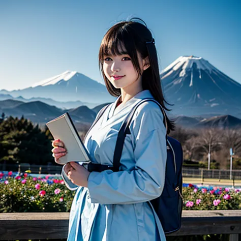 best quality, masterpiece,
outdoors, 

a high school girl with a book and a schoolbag,
wearing a long-sleeved japanese mitakihar...