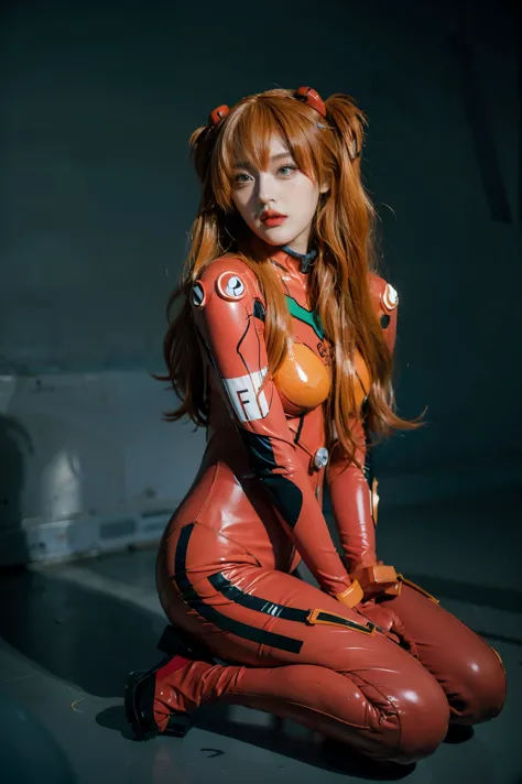 best quality, masterpiece, realistic, photorealistic, 1girl, solo, looking at viewer, full body, wariza, long hair, asuka cospla...