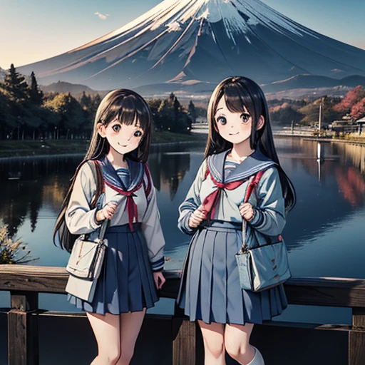 best quality, masterpiece,
outdoors, 

2 high school girls with a book and a schoolbag,
wearing a long-sleeved Japanese mitakihara , 
smile, cute, face fully visible, serafuku,


Background,

blue Morning glory, 
(only one large and big mount Fuji:1.2)