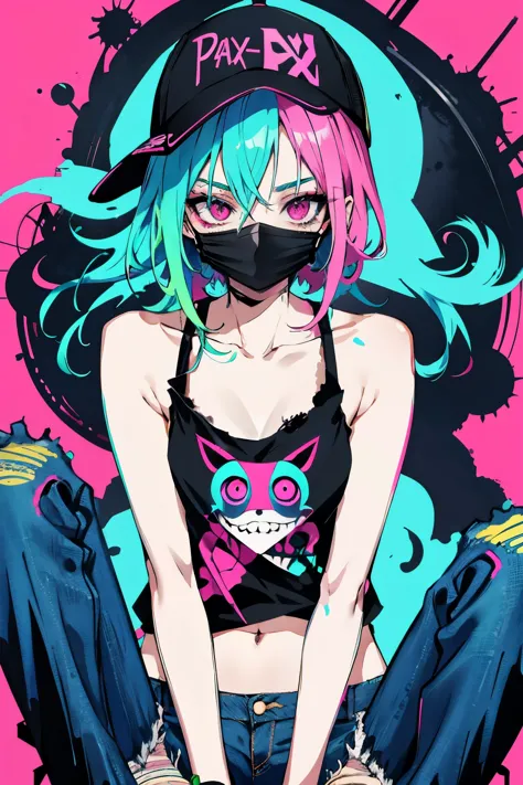 (Slim anime girl with hat and mask) Thin face, Holding a spray can, Pink Eyes, green messy hair, Beautiful eyes, Beautiful Hair,...