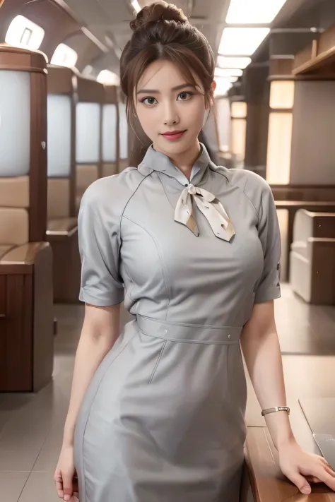 Starlux Airlines silver short sleeve uniform、Earrings、Captivating look、Long hair updo、Evening updo、Young Asian Woman
