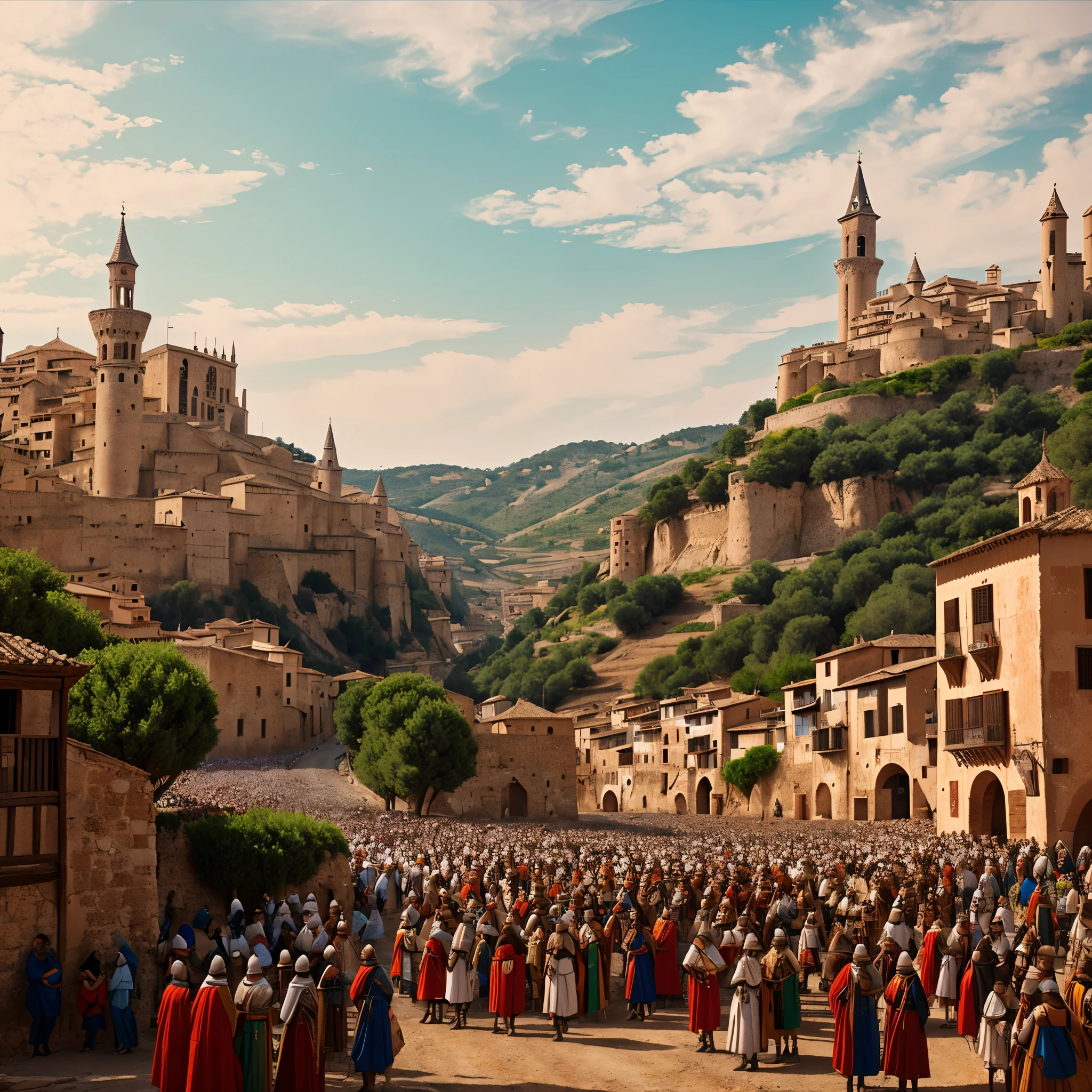 Genera una imagen sobre un camino medieval español con multitud en perspectiva a la altura de los ojos.
