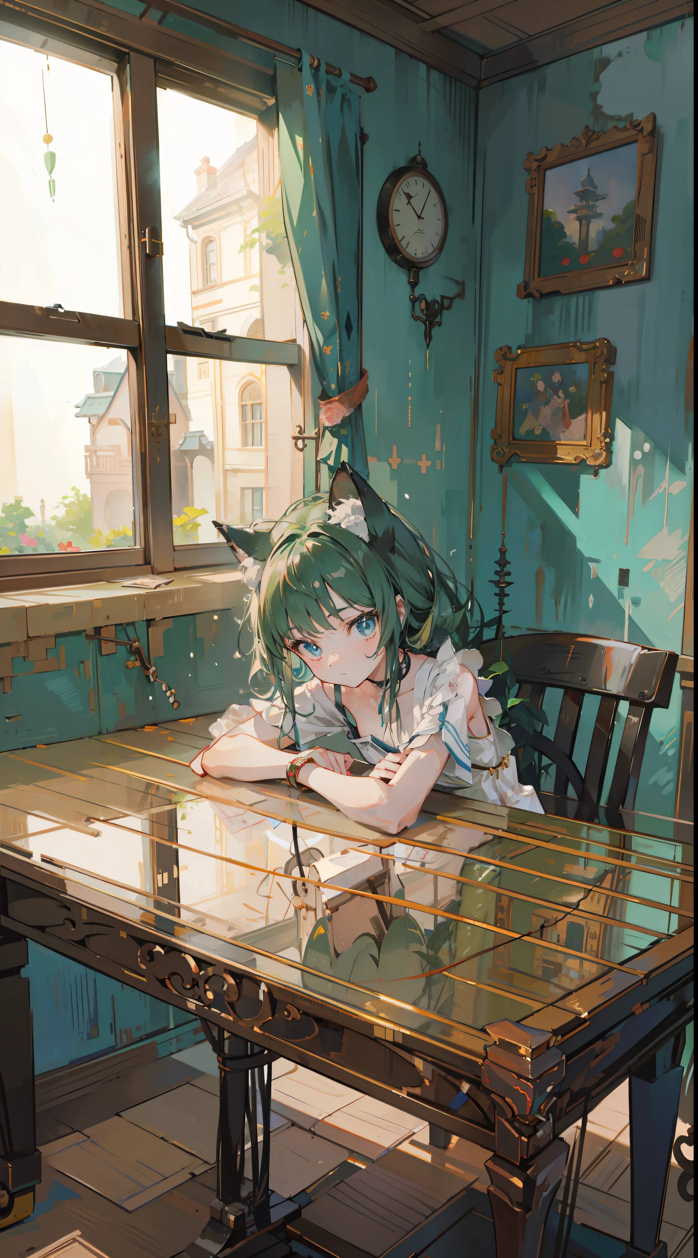 (Tabletop, highest quality: 1.1), Ghibli style, alone, , Weibo, Tinker&#39;s Wife (Tabletop), highest quality, Expressive eyes, Perfect Face, Small breasts, thin, ((Wearing a dress and playing the piano)),Transparent glass bottle body, Glass Girl, transparent, Wavy green hair, Pink and blue eyes, Green leaves of hair, Eyes like shining jewels, Long eyelashes, Transparency, ((Wearing a dress and playing the piano)), (Red Jewel Autumn Costume)), whole body, Standing Pose Reaching Out, thin feet, Perfect hands, Five Fingers, Yun News (Hmph), no_human, (((Cat ear))), Forest land