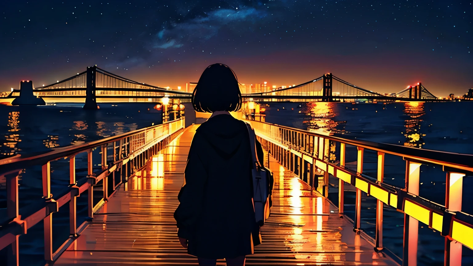 一个女人看着海边、夜晚、海湾大桥、