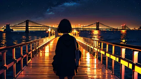 A woman looks at the seaside、night、Bay bridge、