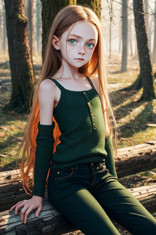 一位 11 岁俄罗斯女孩的写实肖像, 独自的,
美丽的女孩, 闪亮的绿眼睛, 完美的眼睛,
苗条, 平胸,  脸上和肩膀上有很多雀斑, 浅橙色听到, 小骨盆, 腿又长又细, 很长的头发, 儿童身体, 全身赤裸可见,
坐在黑暗恐怖的森林里黑树成荫的木头上,
狐狸伙伴