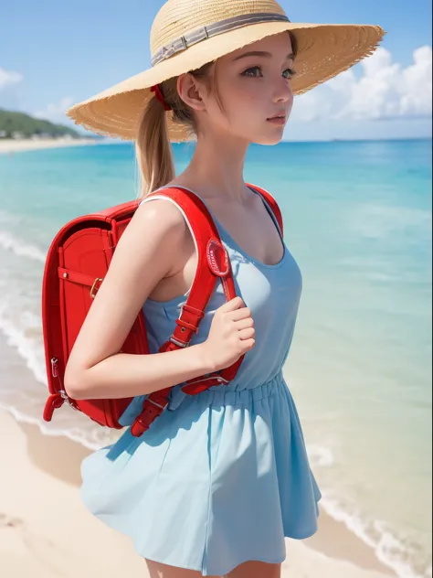 ((highest quality)),((super high quality))), beach in the evening, (((20-year-old cute college girl))), ((hair is ponytail)),((s...