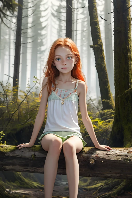 一位 11 岁俄罗斯女孩的写实肖像, 独自的,
美丽的女孩, 闪亮的绿眼睛, 完美的眼睛,
苗条, 平胸,  脸上和肩膀上有很多雀斑, 浅橙色听到, 小骨盆, 腿又长又细, 很长的头发, 儿童身体, 全身赤裸可见,
坐在黑暗恐怖的森林里黑树成荫的木头上,
狐狸伙伴