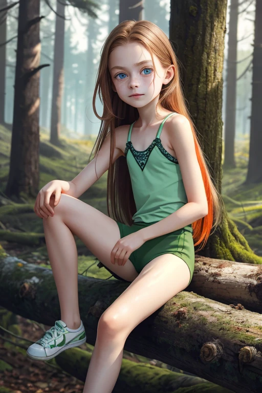 一位 9 岁俄罗斯女孩的写实肖像, 独自的,
美丽的女孩, 闪亮的绿眼睛, 完美的眼睛,
苗条, 平胸,  脸上和肩膀上有很多雀斑, 浅橙色听到, 小骨盆, 腿又长又细, 很长的头发, 儿童身体, 全身赤裸可见,
坐在黑暗恐怖的森林里黑树成荫的木头上,
狐狸伙伴