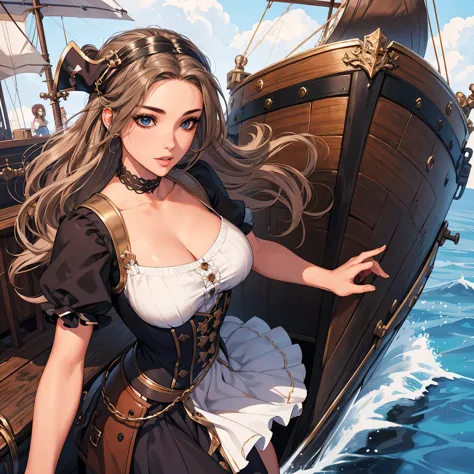 mary has light brown wavy hair, one blue eye and one brown eye, and a very fair complexion. she is a pirate and has her own ship...