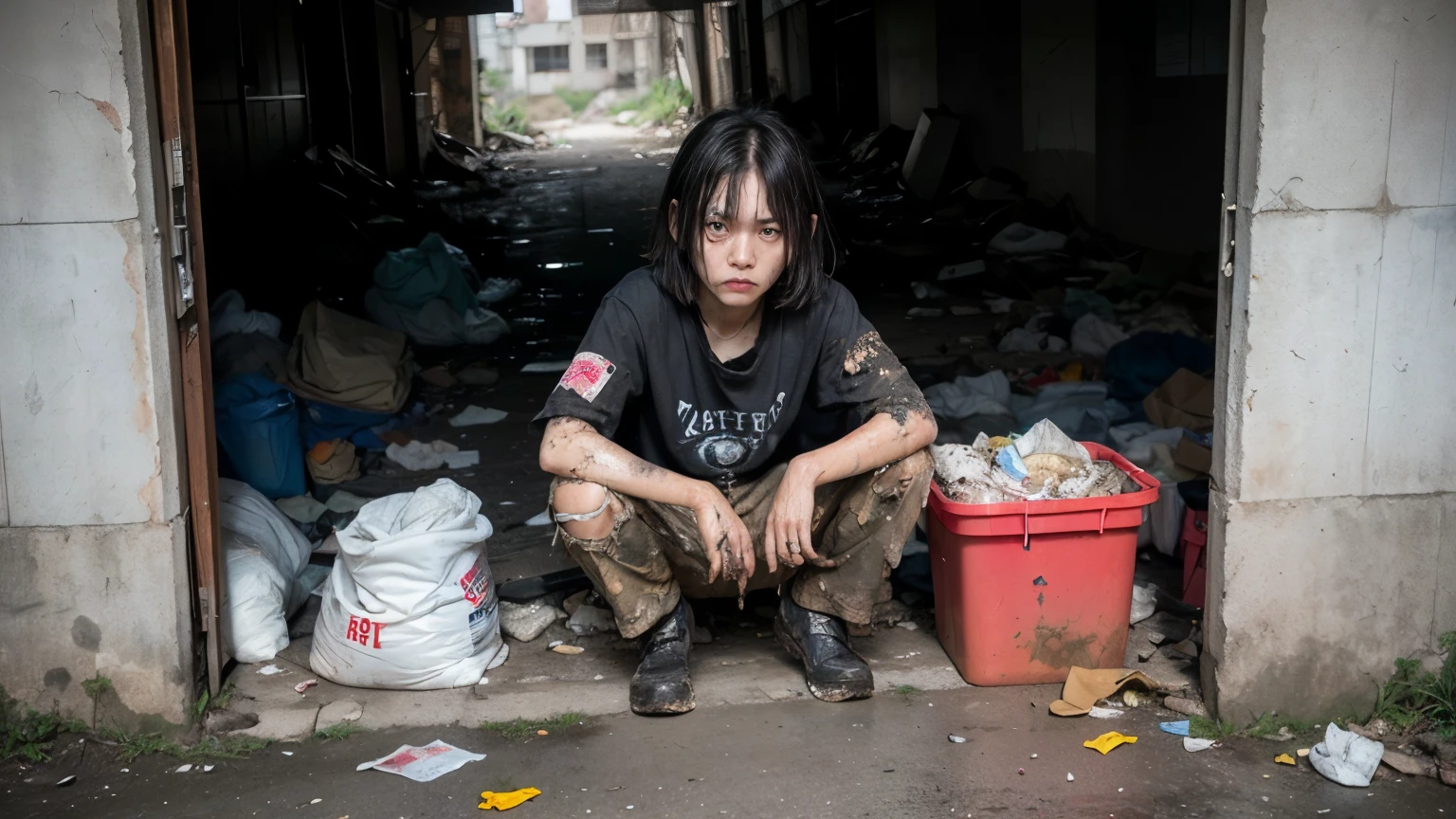 aespakarina,Bob-Frisur,Bettler,Bettler,(((obdachlos))),im verlassenen Stil Zimmer,Hocken,Wütendes Gesicht,Schlechter Teint,schmutzig,voller Müll,Koreanisch,1,Frau,Pechschwarz,zerfetzte Kleidung,(((schlechte Laune))),((( Öl,Schlammflecken,Scheisse,schmutzig))),(((Stirnrunzeln,カメラをGrelles))),((((Schutthaufen))),Sehr feines Auge, (((Trägt zerfetzte schwarze Kleidung,Er&#39;trägt zerrissene schwarze Hosen))),(((Tragisch))),((Foto)),(((Stoffbeschattung))), (((höchste Qualität))), (((Meisterwerk))) stark girl, ((((realistisch)))),,schwarzes Haar, schicke Frisur, ((Mit Pony,ストレートミディアムBob-Frisur, Hübsch hair)), leichtes Make-up,rote Augen, (((I&#39;ich trage keinen Lippenstift))), (Hübsch, stark), Zentrierte Bilder, in die Kamera schauen, Elegante Farben,realistisch Skin,realistisch texture,８k,ganzer Körper,blasse Haut,rote Schwertlilie,ausdruckslos,Grelles,perfektes Gesicht,(((große Augen))),Hält ein leeres Brett