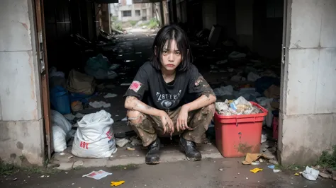 aespakarina,Bobcut,Beggar,beggar,(((Homeless))),in abandoned style room,Crouching,Angry face,Bad complexion,Dirty,Full of trash,...
