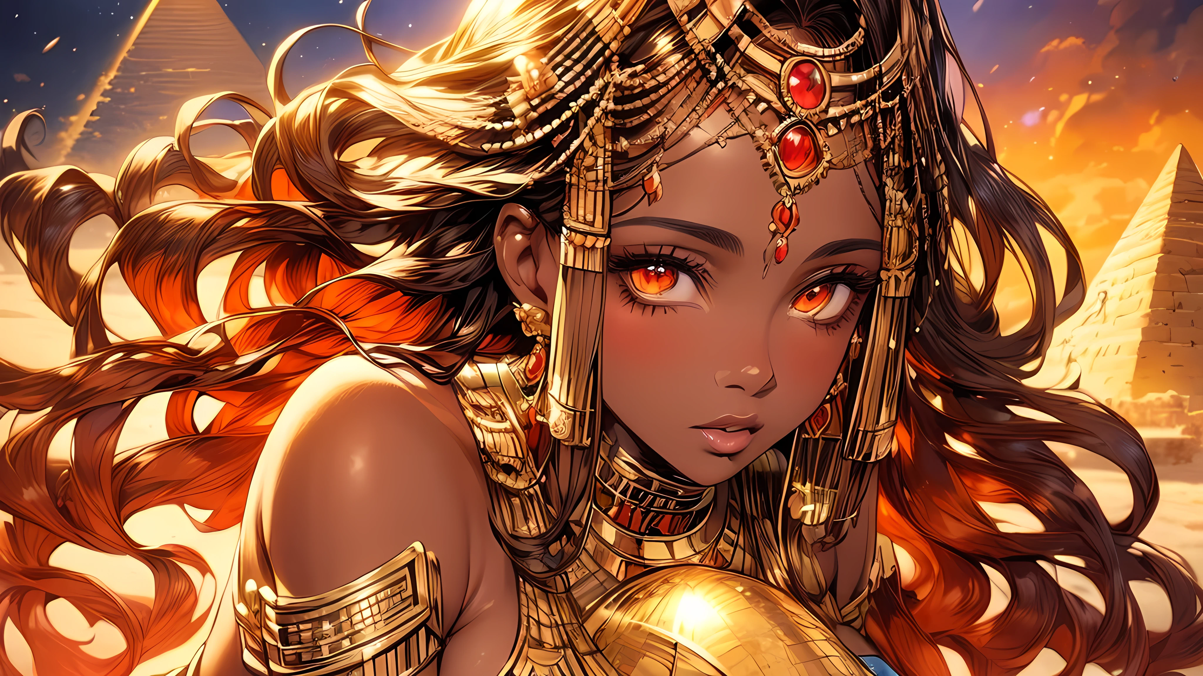 (best quality,ultra-detailed,realistic:1.37),portrait,illustration,egyptian goddess,full-body,sexy,beautiful detailed eyes,beautiful detailed lips,curly hair,exotic jewelry,flowing dress,golden accessories,sultry pose,powerful stance,in front of the pyramids,desert background,vivid colors,warm color tone,soft lighting