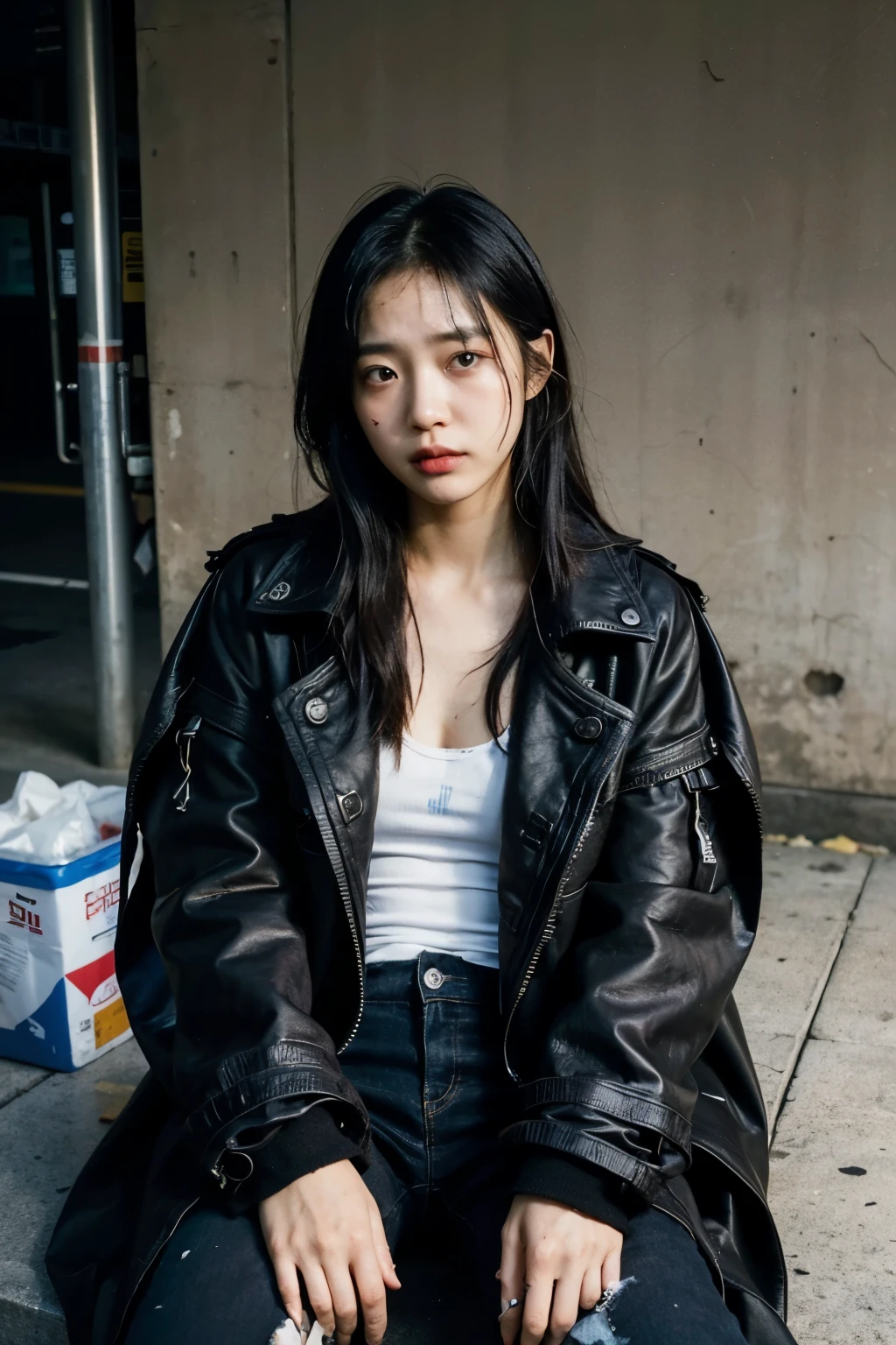 Homeless Korean woman with bob cut,A 21-year-old Korean woman surrounded by a pile of garbage,Very displeased look,Begging in the city,(((Homeless))),((( Bad smell,Oil,Mud stains,shit,dirty))),(((Frowning,Glaring at the camera))),Very fine eye, Flat Chest,(((Wearing a tattered black coat))),(((Tragic))),(make:1.3),Big eyes,aespakarina,Frowning, painful expression,hiphop dancer,Gangster-style long pants,wearing edg90hh_clothing,8k,High definition