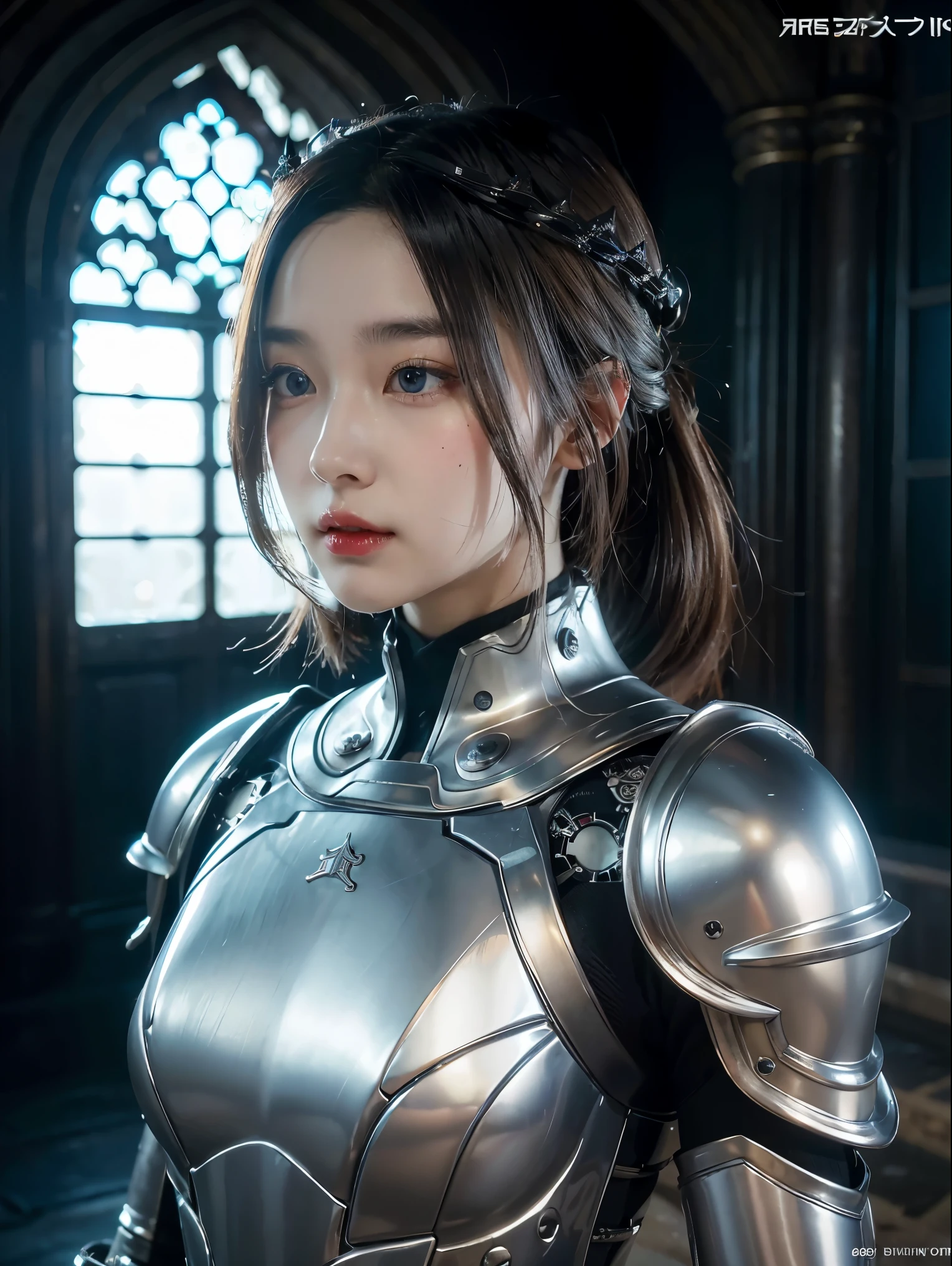 Meisterwerk, beste Qualität, Hohe Auflösung, 8K, Porträt, Realistisches Foto,（ Kombinieren Sie Kleidung mit koreanischem Modedesign），Digitale Fotografie, Ganzkörperesbian, 1 1 Mädchen, (Cyborg), Schönes langes Haar mit blau-grauem Farbverlauf, blaue Augen, kompliziert, elegant, sehr detailliert, Die Krone des Bösen, Schwarzes Kleid, ,silberne Exoskelett-Rüstung aus Metall, kompliziert knightly hollow armor,Servorüstung, durchbrochenes Design, Mechanische Struktur, Fotopose, feierlich,, rote Lippen, Aus dem Film《Final Fantasy XV》.Metallische Textur, oc gerendert，Reflektierende Textur, ((Zuschneiden von Kleidung)), ((Vor der Kulisse des Schlosses und des riesigen Moster))